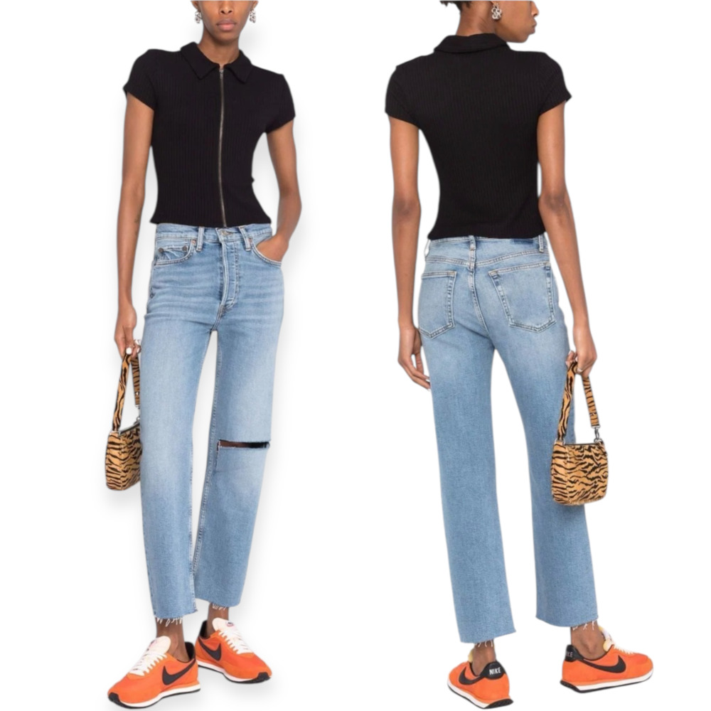 NWT Redone High Rise Stove Pipe Jeans Brisk Blue w Rips Straight Size 24 fits 25 - Picture 8 of 8